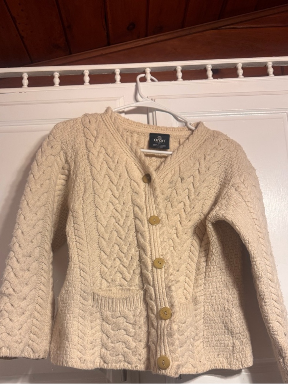Aran merino wool sweater Crafts Cream Cable-Knit Button Front Cardigan